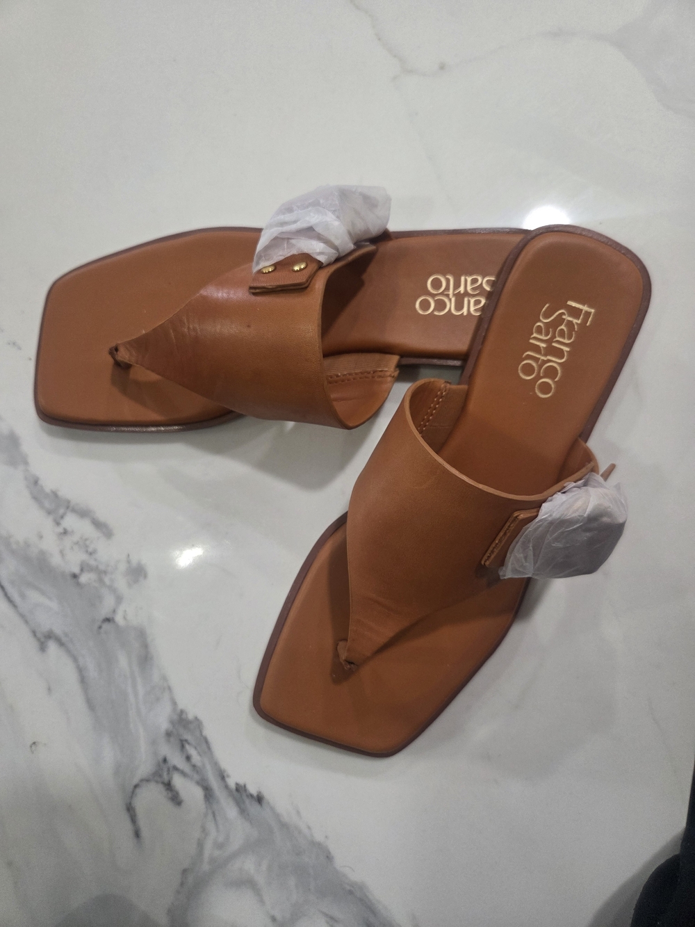 Franco Sarto Blush-Tan Leather Square Toe Block Heel Mules